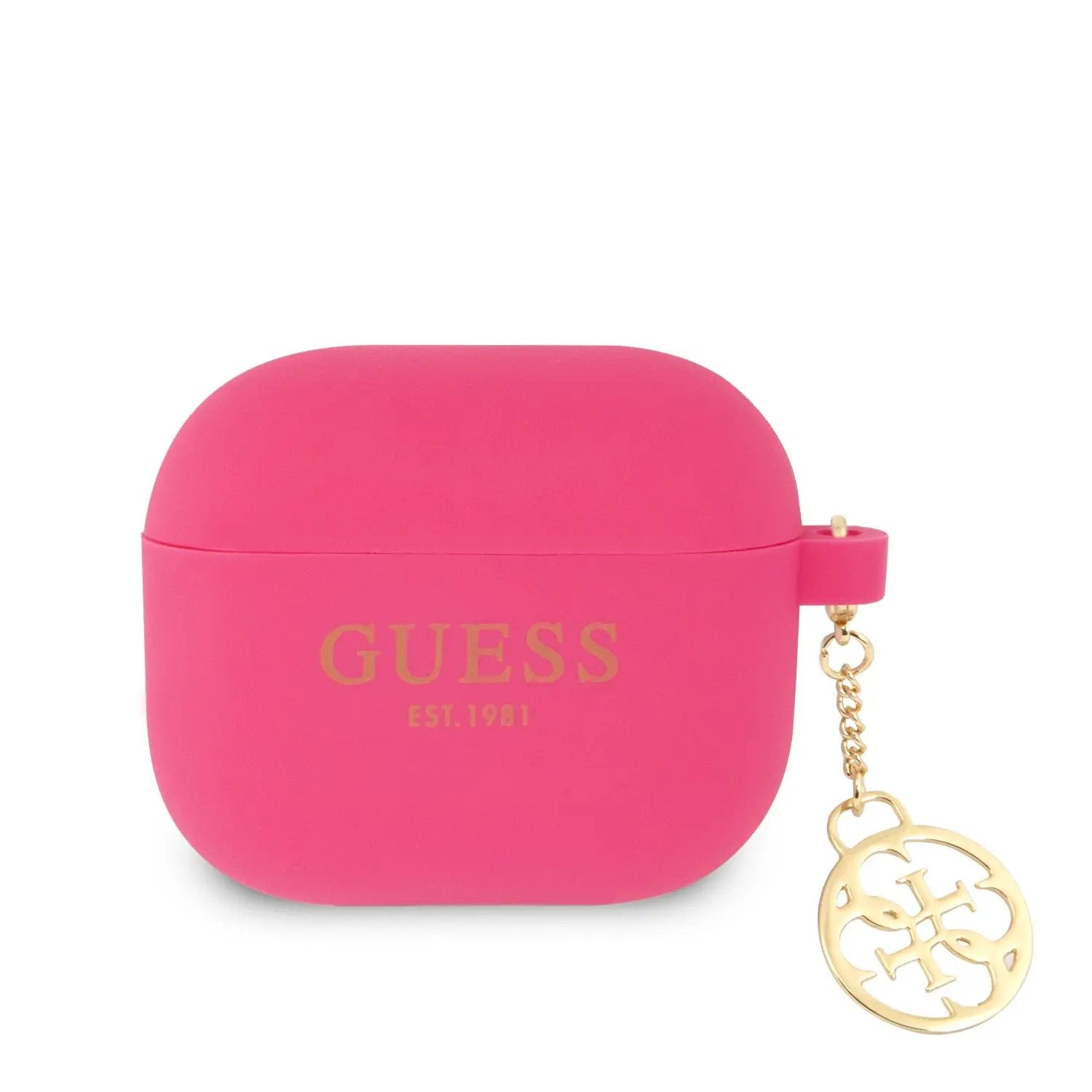 Guess Printed Gold Logo Θήκη προστασίας από σιλικόνη για Apple Airpods 3 με χρυσό κρεμαστό στολίδι (Φούξια) – PhoneBazaar