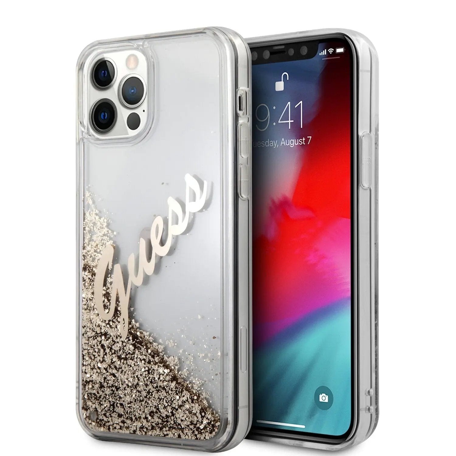 Guess Glitter Script Vintage Gold Logo Θήκη προστασίας – iPhone 12 Pro Max (Clear/Glitter Gold) – PhoneBazaar