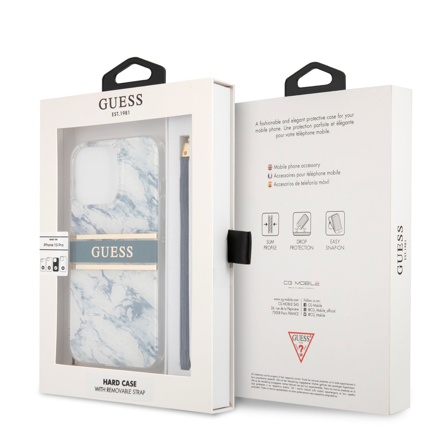 Guess "Marble Collection" Printed Stripe Θήκη προστασίας με όψη μαρμάρου και κορδονάκι χειρός – iPhone 13 Pro (Μπλε/Λευκό)