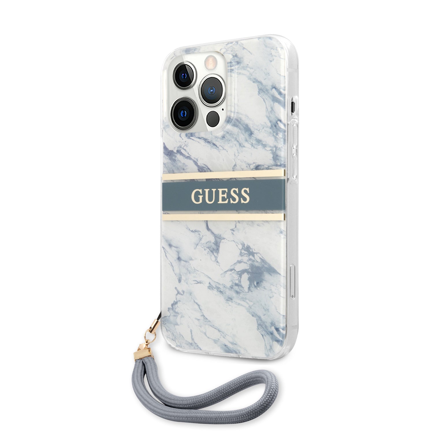 Guess "Marble Collection" Printed Stripe Θήκη προστασίας με όψη μαρμάρου και κορδονάκι χειρός – iPhone 13 Pro (Μπλε/Λευκό)