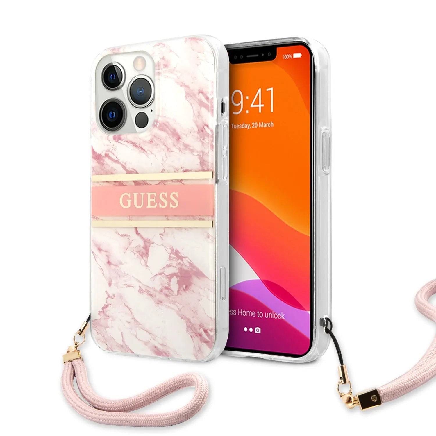 Guess "Marble Collection" Printed Stripe Θήκη προστασίας με όψη μαρμάρου και κορδονάκι χειρός – iPhone 13 Pro (Ροζ/Λευκό) – PhoneBazaar