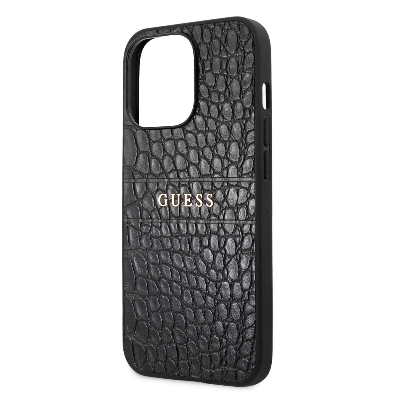 Guess "Croco Collection" Hot Stamp Lines Θήκη προστασίας από δερματίνη με μεταλλικό λογότυπο – iPhone 13 Pro (Μαύρο)