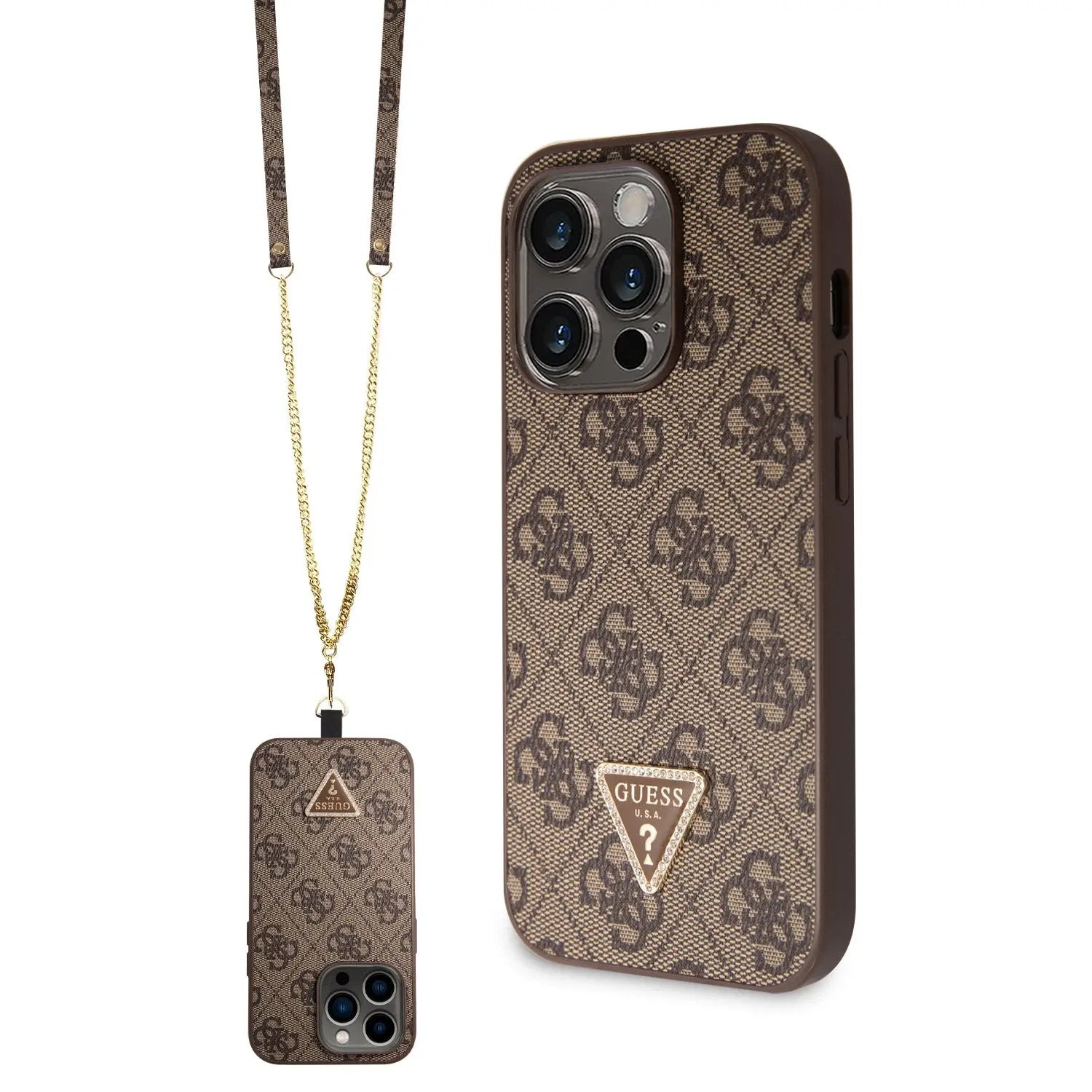 Guess “Triangle Metal Logo Strass Collection” Crossbody Case Θήκη προστασίας από δερματίνη με λουράκι – iPhone 14 Pro (Καφέ – GUHCP14LP4TDSCPW) – PhoneBazaar