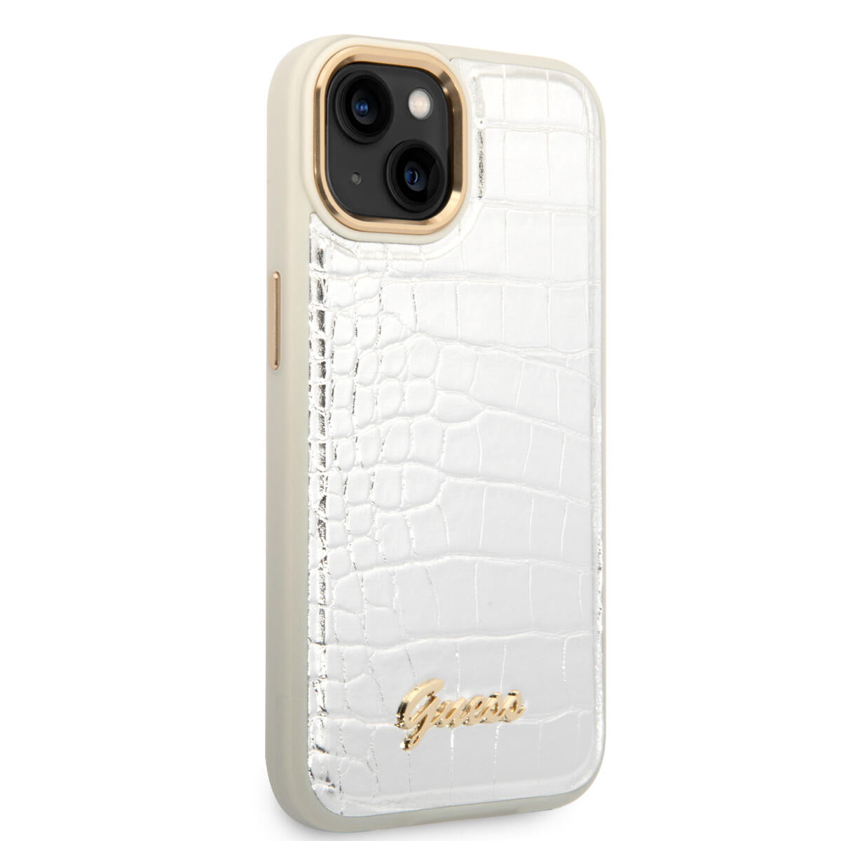 Guess "Croco Collection" Hot Stamp Lines Θήκη προστασίας από δερματίνη με μεταλλικό λογότυπο – iPhone 14 Plus (Λευκό)