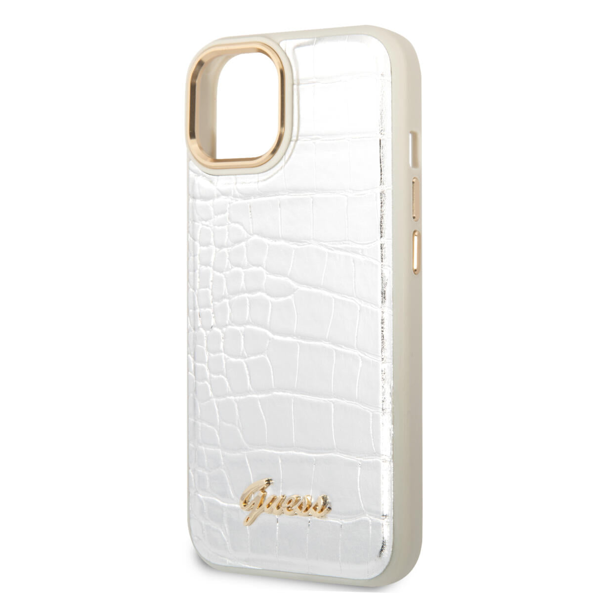 Guess "Croco Collection" Hot Stamp Lines Θήκη προστασίας από δερματίνη με μεταλλικό λογότυπο – iPhone 14 Plus (Λευκό)