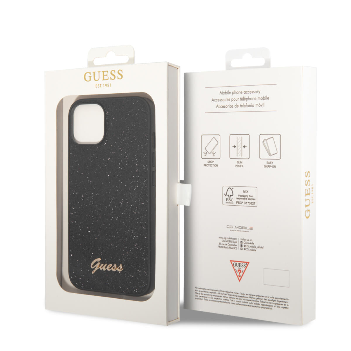 Guess Glitter Flakes Case with Ikonik Patch and Vintage Script Logo Θήκη προστασίας από σιλικόνη – iPhone 14 Plus (Glitter Black)