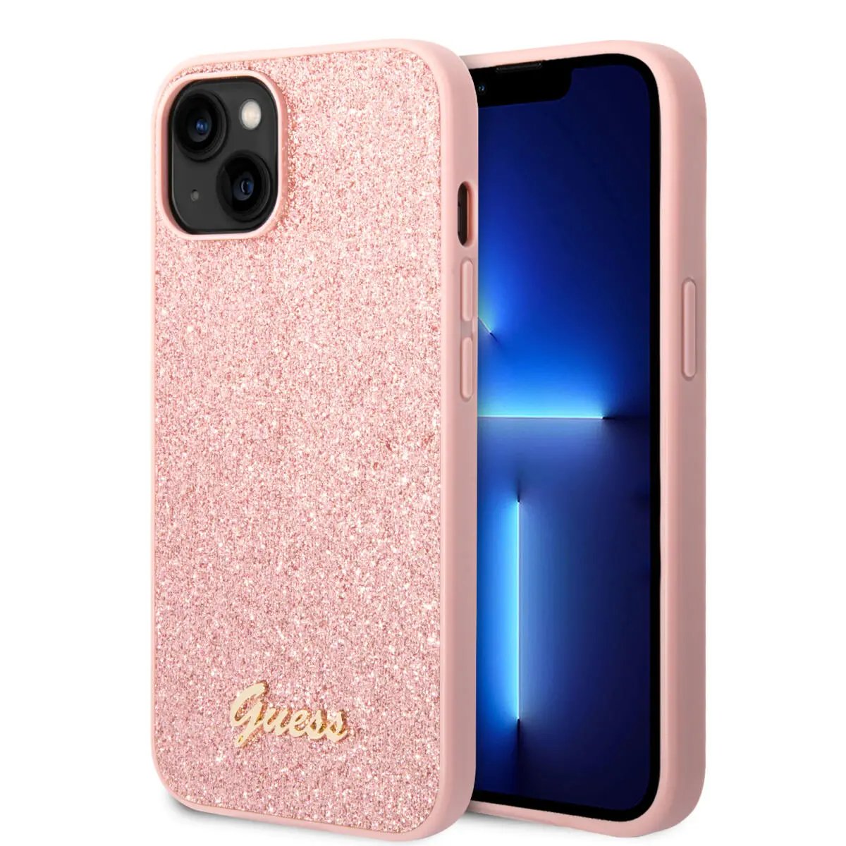 Guess Glitter Flakes Case with Ikonik Patch and Vintage Script Logo Θήκη προστασίας από σιλικόνη – iPhone 14 Plus (Glitter Pink) – PhoneBazaar