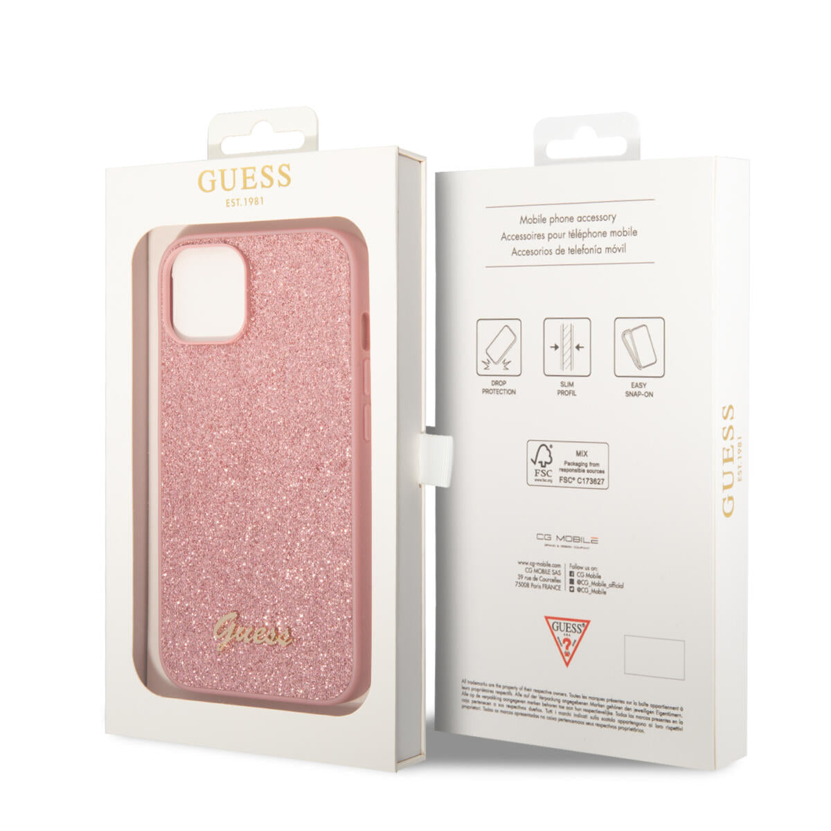 Guess Glitter Flakes Case with Ikonik Patch and Vintage Script Logo Θήκη προστασίας από σιλικόνη – iPhone 14 Plus (Glitter Pink)