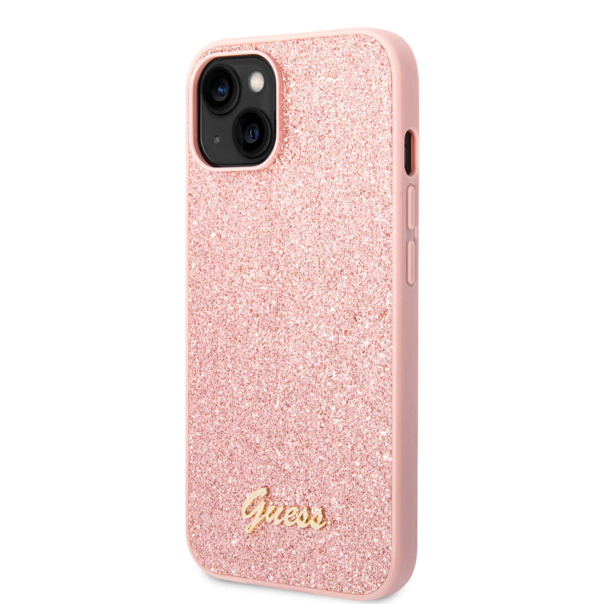 Guess Glitter Flakes Case with Ikonik Patch and Vintage Script Logo Θήκη προστασίας από σιλικόνη – iPhone 14 Plus (Glitter Pink)