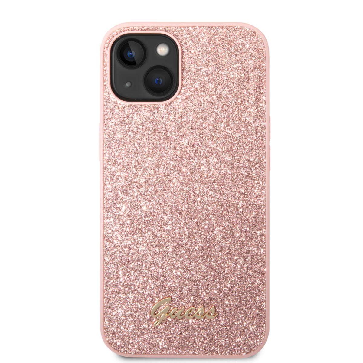 Guess Glitter Flakes Case with Ikonik Patch and Vintage Script Logo Θήκη προστασίας από σιλικόνη – iPhone 14 Plus (Glitter Pink)