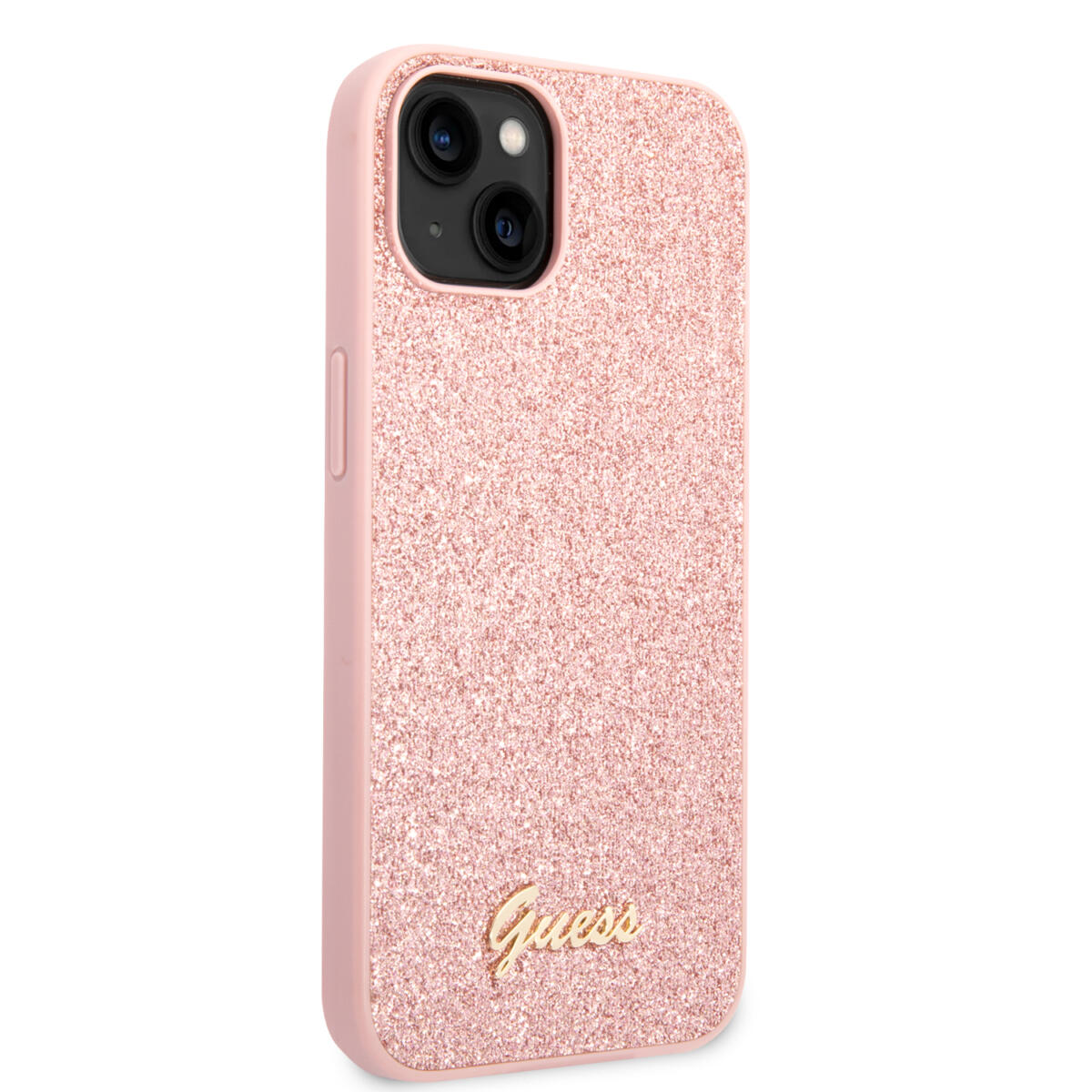Guess Glitter Flakes Case with Ikonik Patch and Vintage Script Logo Θήκη προστασίας από σιλικόνη – iPhone 14 Plus (Glitter Pink)