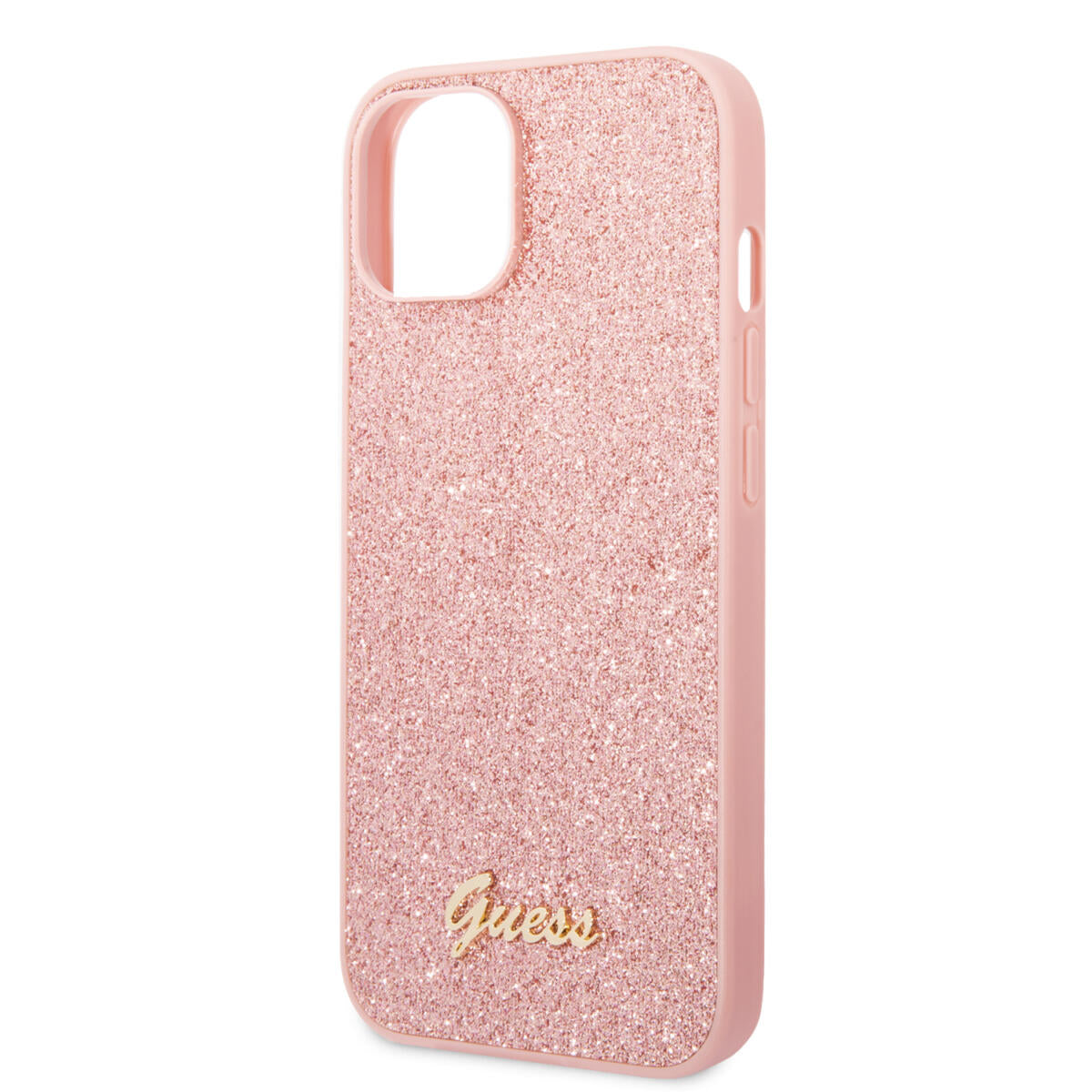 Guess Glitter Flakes Case with Ikonik Patch and Vintage Script Logo Θήκη προστασίας από σιλικόνη – iPhone 14 Plus (Glitter Pink)