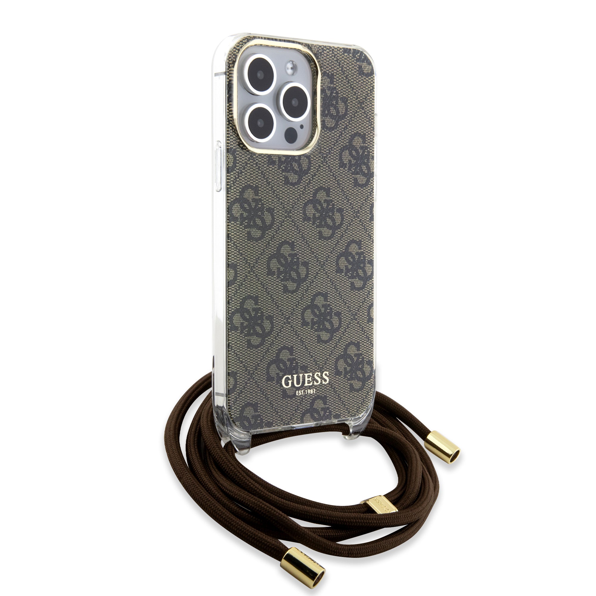 Guess "4G Logo Collection" Crossbody Hard Case Script Metal Logo Θήκη προστασίας από σιλικόνη με λουράκι – iPhone 15 Pro (Καφέ – GUHCP15LHC4SEW)