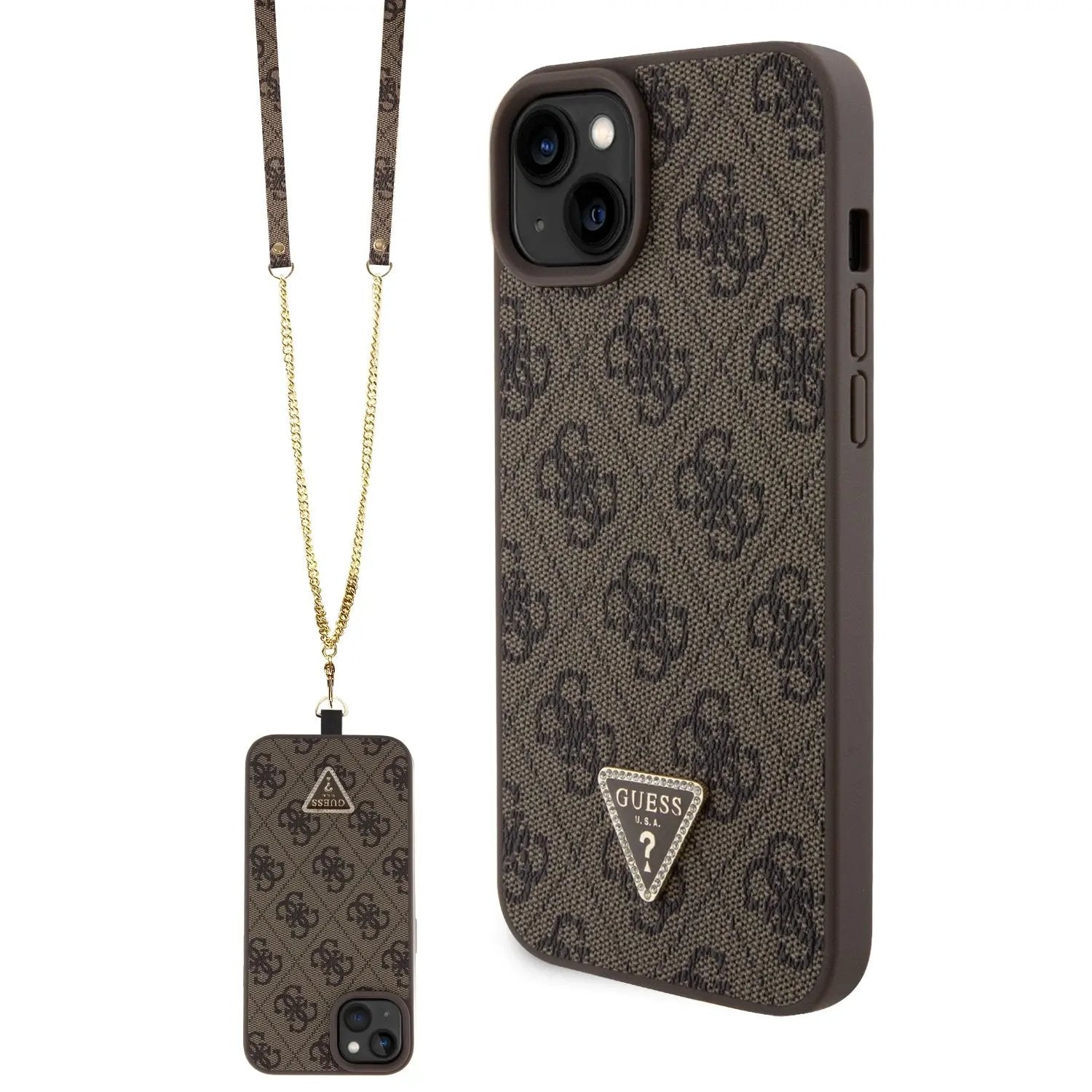 Guess “Triangle Metal Logo Strass Collection” Crossbody Case Θήκη προστασίας από δερματίνη με λουράκι – iPhone 15 Plus (Καφέ – GUHCP15MP4TDSCPW) – PhoneBazaar