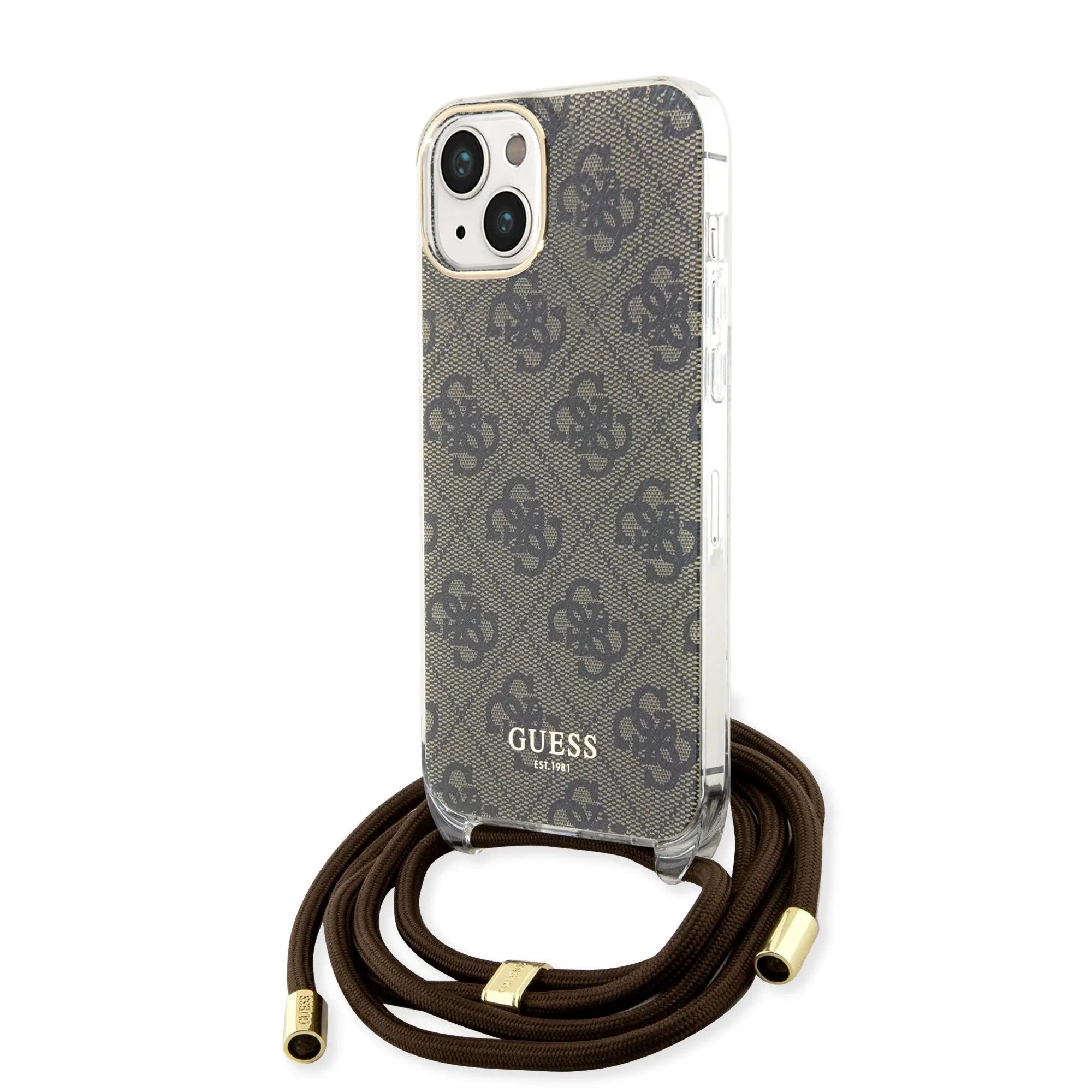 Guess "4G Logo Collection" Crossbody Hard Case Script Metal Logo Θήκη προστασίας από σιλικόνη με λουράκι – iPhone 15 (Καφέ – GUHCP15SHC4SEW) – PhoneBazaar