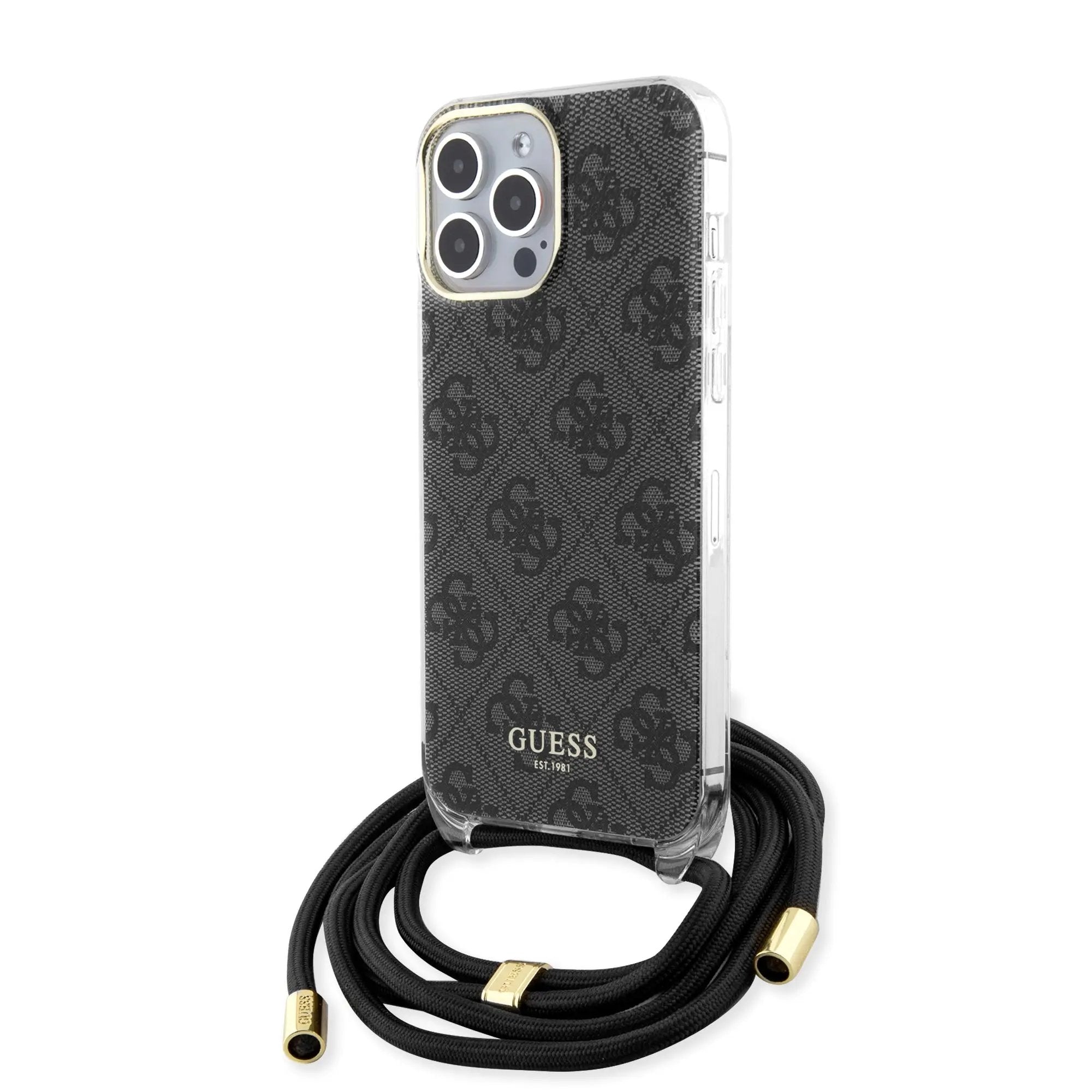 Guess "4G Logo Collection" Crossbody Hard Case Script Metal Logo Θήκη προστασίας από σιλικόνη με λουράκι – iPhone 15 Pro (Μαύρο – GUHCP15LHC4SEK) – PhoneBazaar