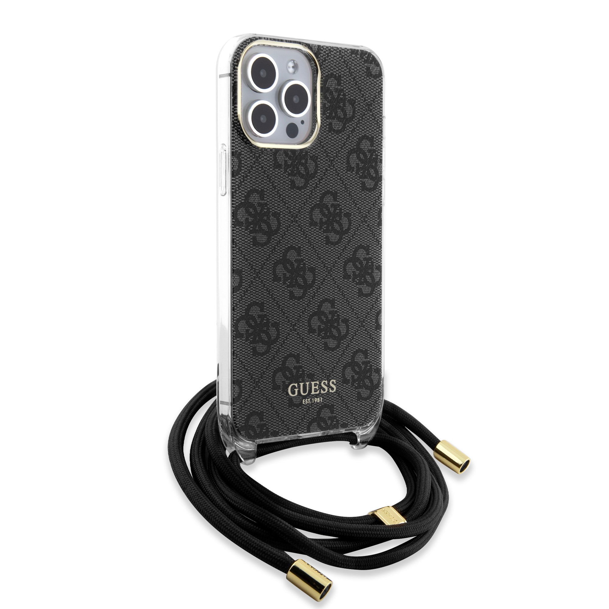 Guess "4G Logo Collection" Crossbody Hard Case Script Metal Logo Θήκη προστασίας από σιλικόνη με λουράκι – iPhone 15 Pro (Μαύρο – GUHCP15LHC4SEK)