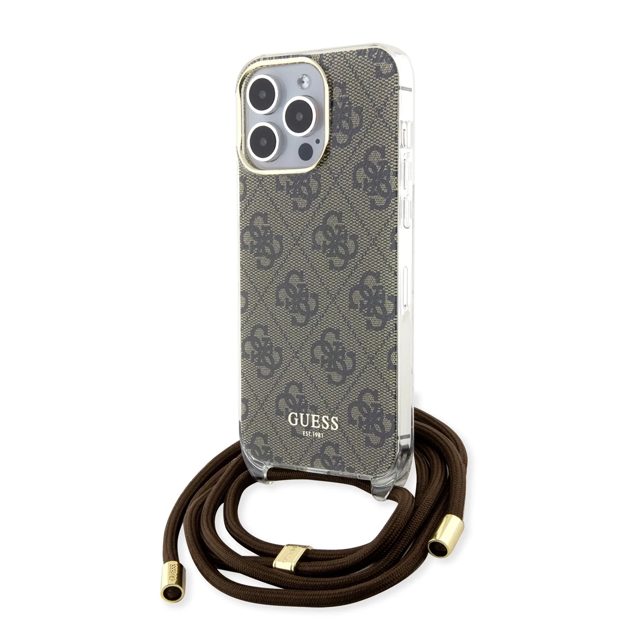 Guess "4G Logo Collection" Crossbody Hard Case Script Metal Logo Θήκη προστασίας από σιλικόνη με λουράκι – iPhone 15 Pro Max (Καφέ – GUHCP15XHC4SEW) – PhoneBazaar