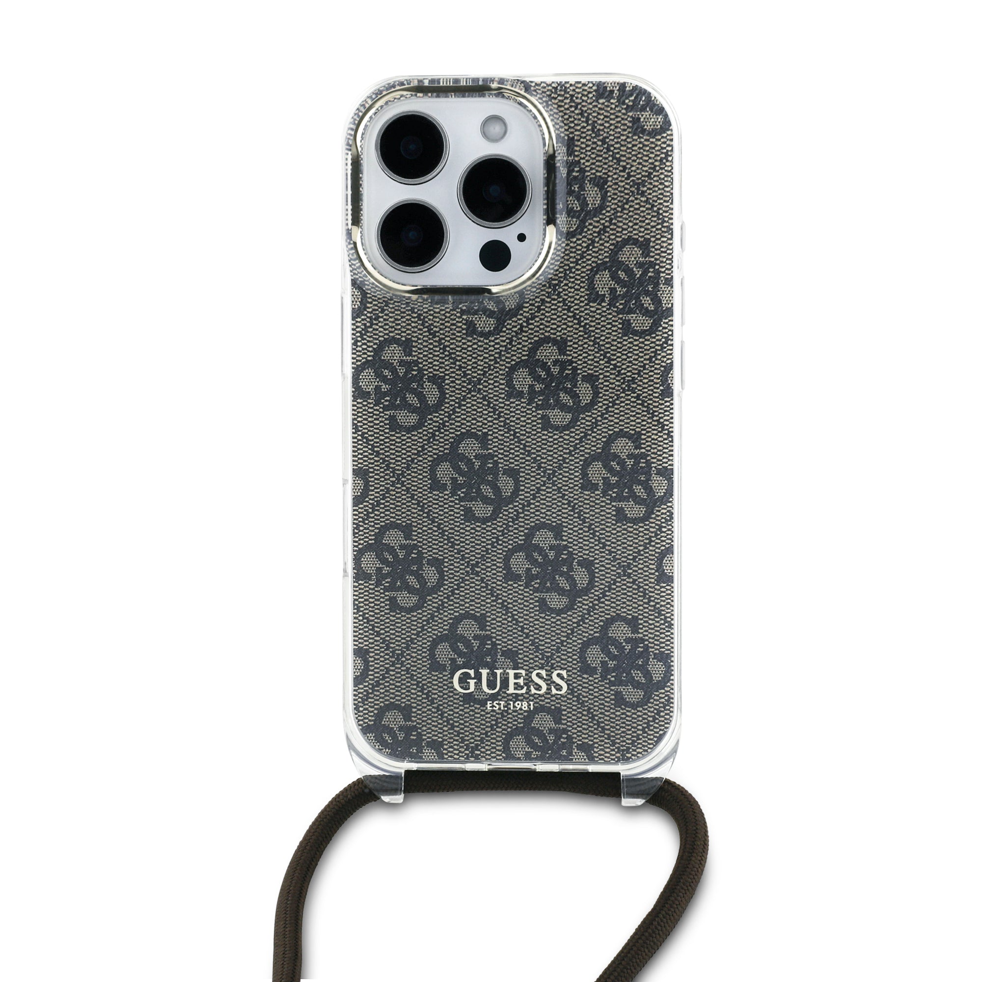 Guess “4G Logo Collection” Crossbody Hard Case Script Metal Logo Θήκη προστασίας από σιλικόνη με λουράκι – iPhone 16 Pro (Καφέ – GUHCP16LHC4SEW)