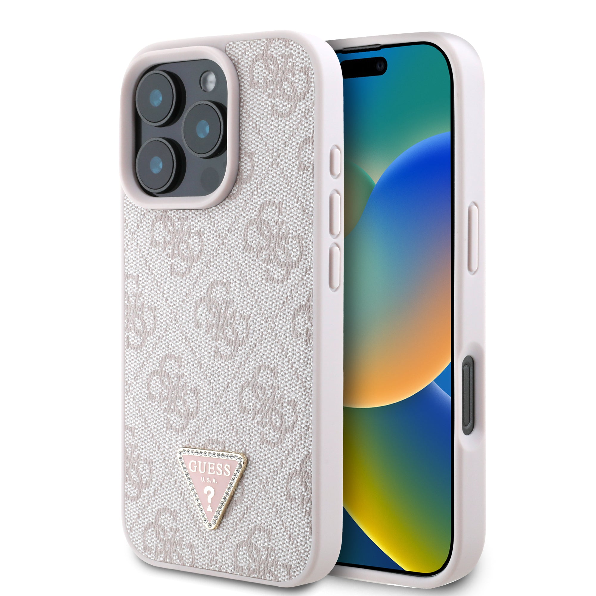 Guess “Triangle Metal Logo Strass Collection” Case Θήκη προστασίας από δερματίνη – iPhone 16 Pro (Ροζ – GUHCP16LP4TDPP) – PhoneBazaar