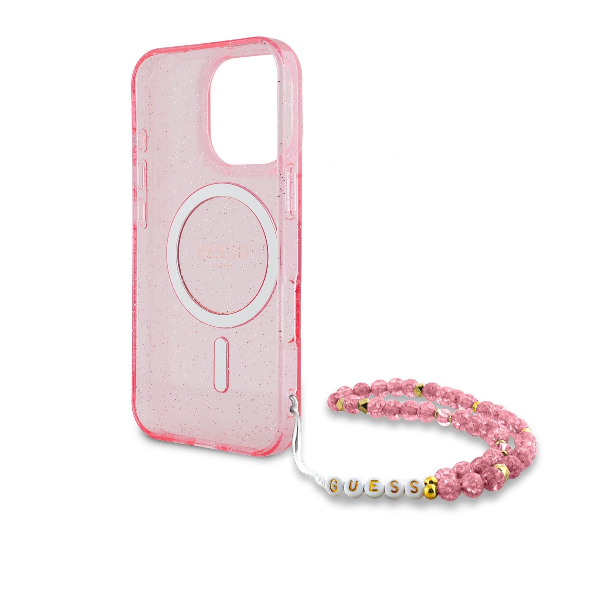 Guess Magsafe “Glitter with Pearl Strap” Hard Case Θήκη προστασίας από σκληρό πλαστικό – iPhone 16 Pro (Ροζ – GUHMP16LHGCRELSF)