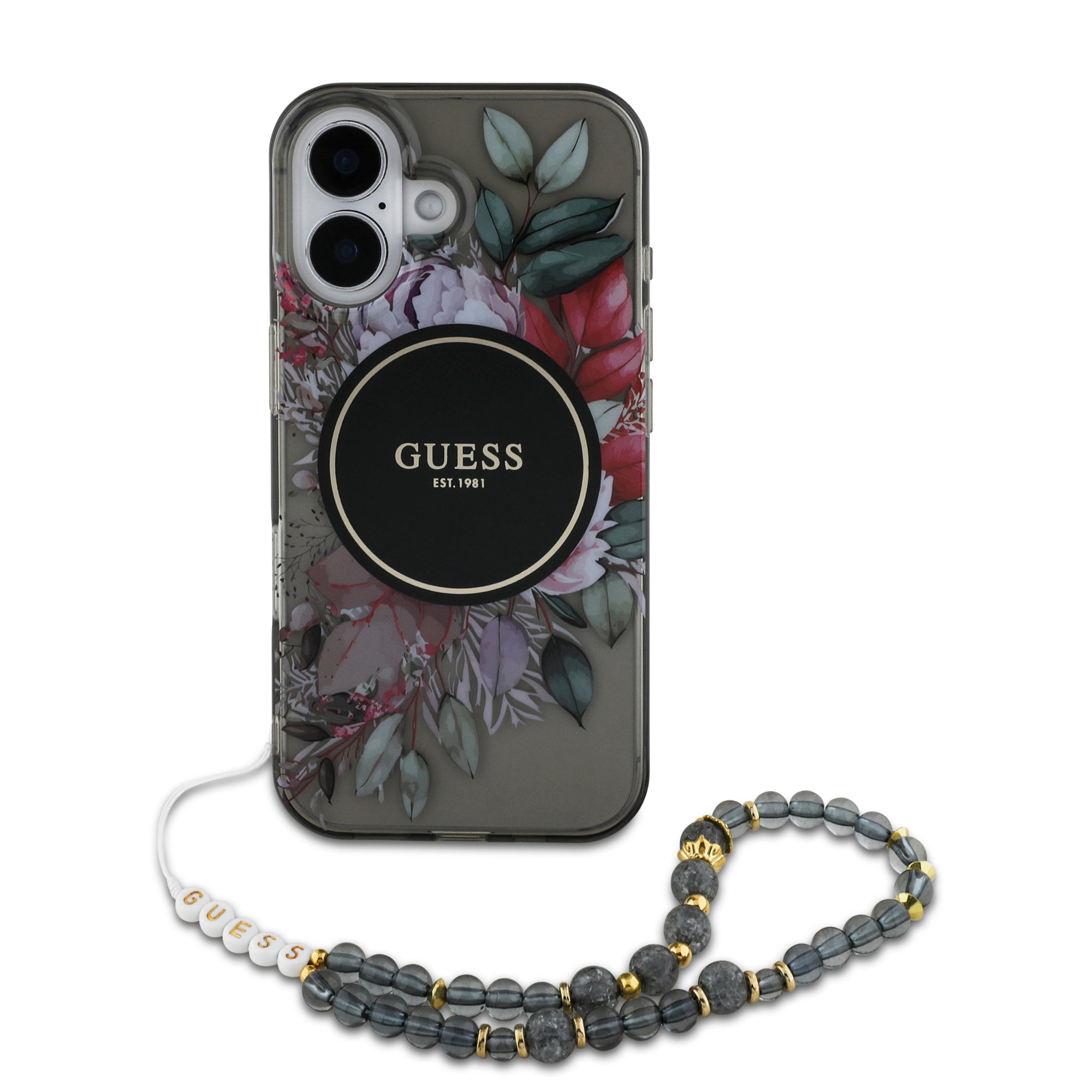 Guess Magsafe “Flowers with Pearl Strap” Hard Case Θήκη προστασίας από σκληρό πλαστικό – iPhone 16 (Μαύρο – GUHMP16SHFWBRCESK)