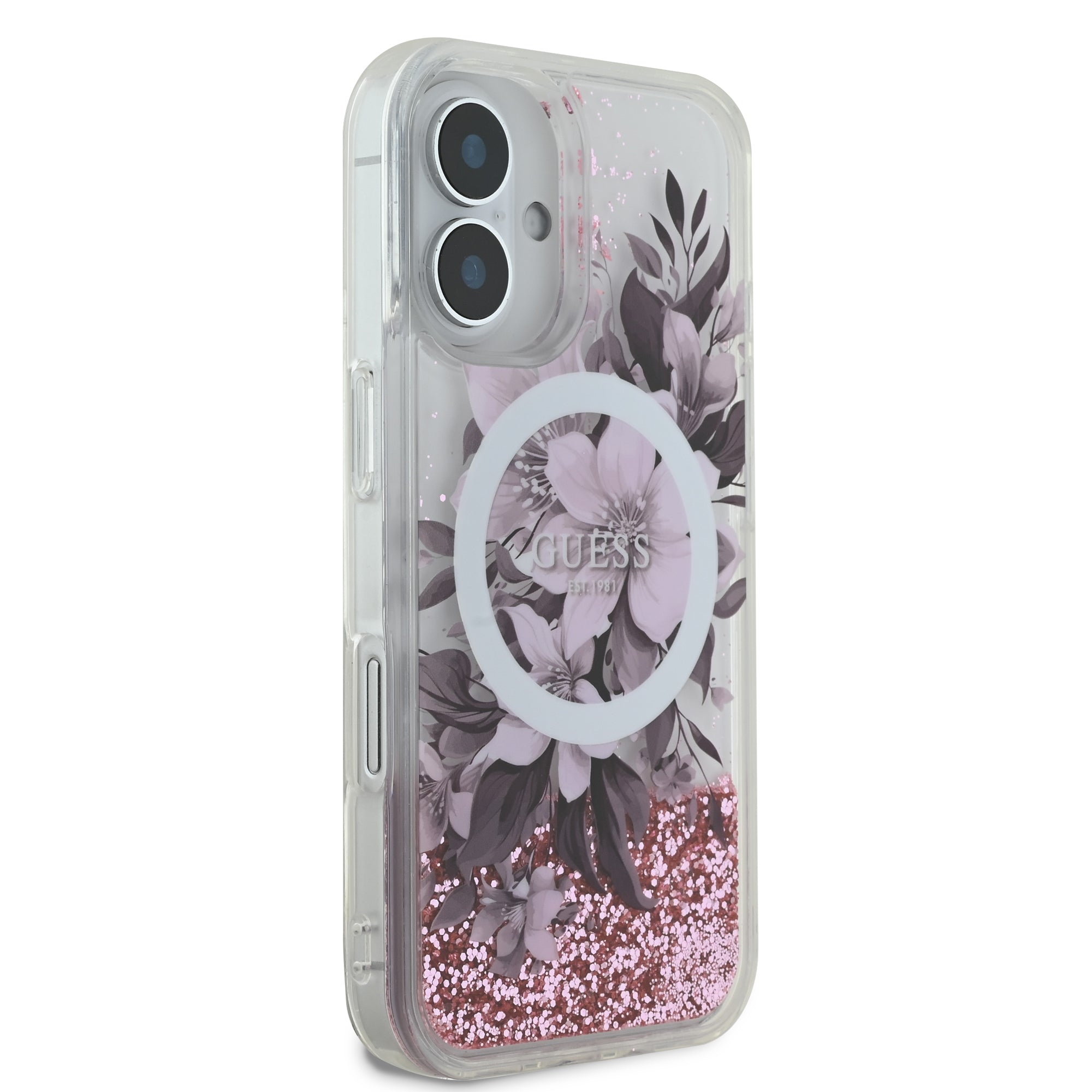 Guess Magsafe “Liquid Glitter Flower" Hard Case Θήκη προστασίας από σκληρό πλαστικό – iPhone 16 (Ροζ – GUHMP16SLFMWTP)