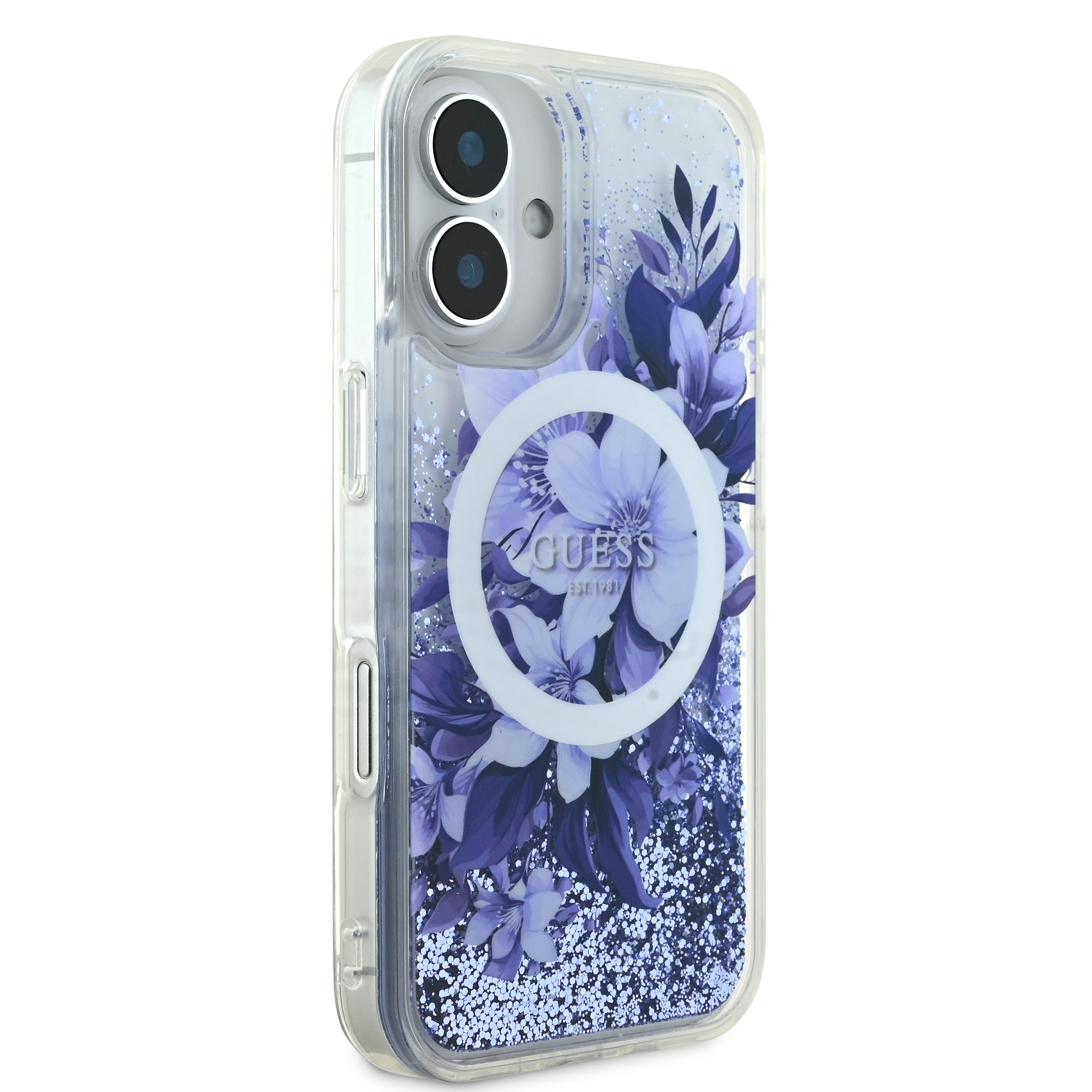 Guess Magsafe “Liquid Glitter Flower" Hard Case Θήκη προστασίας από σκληρό πλαστικό – iPhone 16 (Μωβ – GUHMP16SLFMWTU)