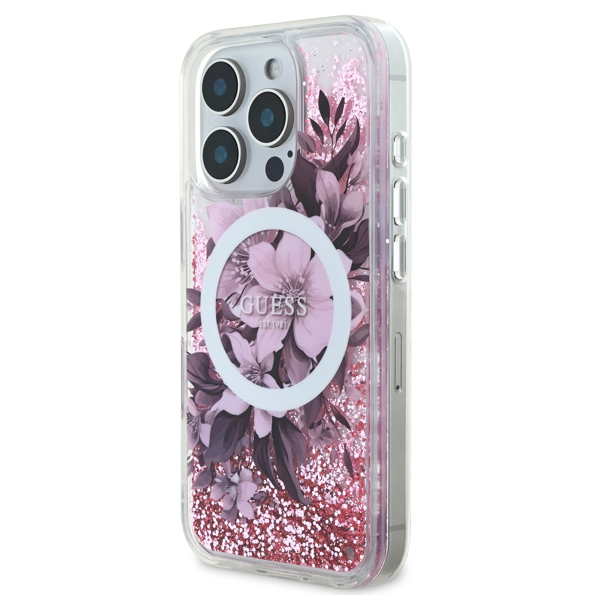 Guess Magsafe “Liquid Glitter Flower" Hard Case Θήκη προστασίας από σκληρό πλαστικό – iPhone 16 Pro Max (Ροζ – GUHMP16XLFMWTP)