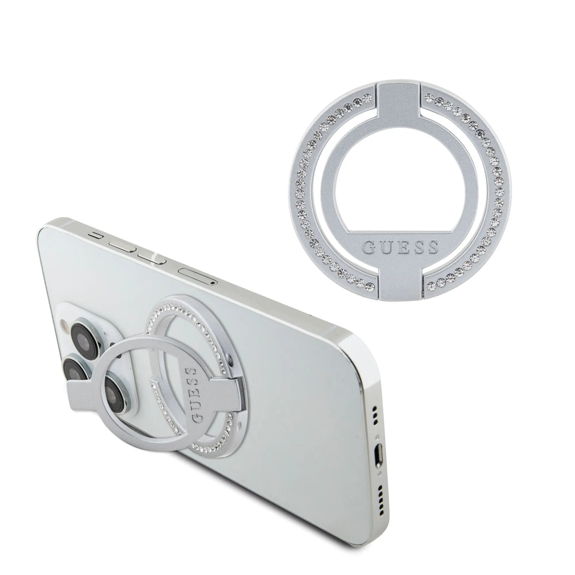 Guess Magsafe Ring Stand with Rhinestones Μοντέρνο Pop Holder για smartphone σε ασημί χρώμα με στρας – PhoneBazaar