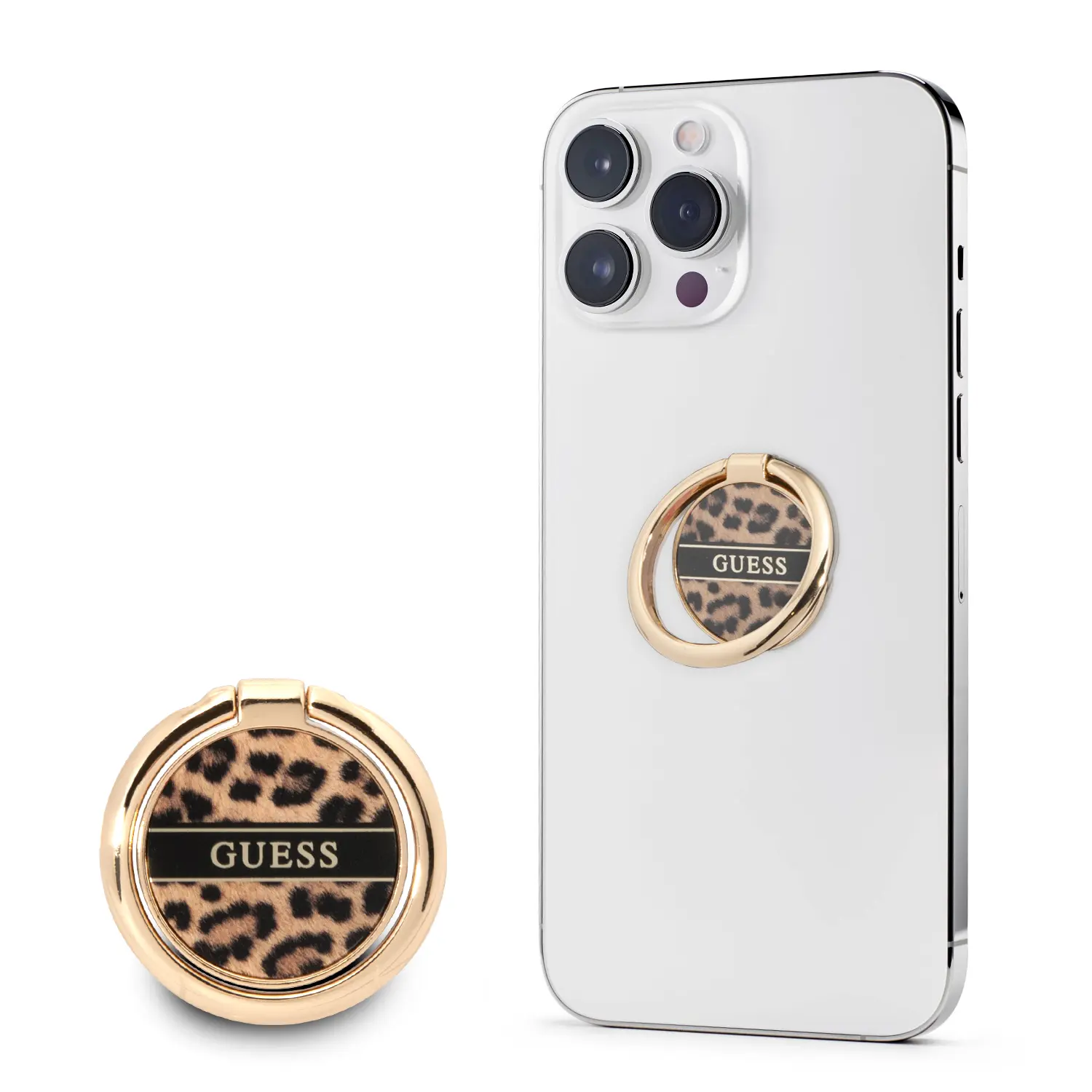 Guess 4G Ring Stand Μοντέρνο Pop Holder για smartphone σε χρυσό/leopard – PhoneBazaar