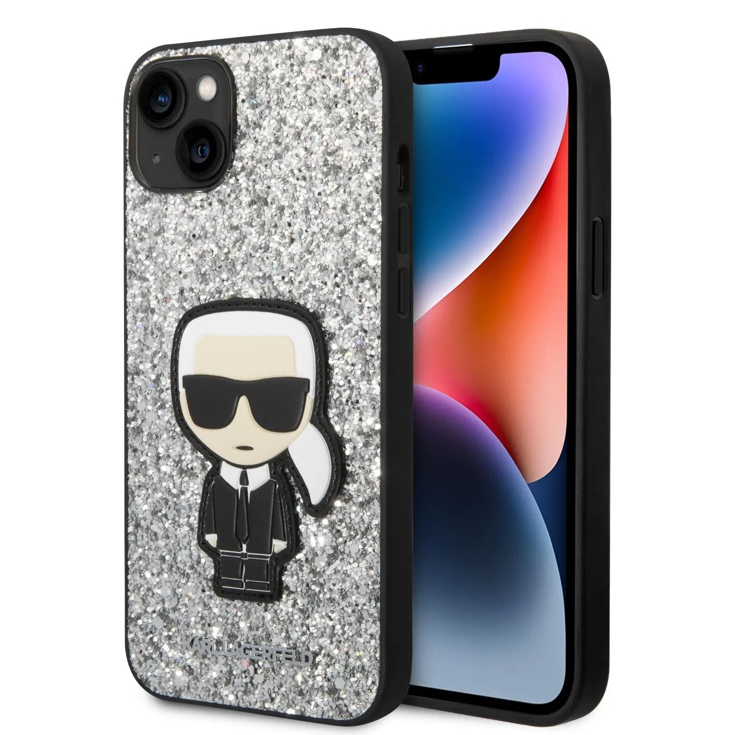 Karl Lagerfeld Glitter Flakes Case with Ikonik Patch and Metal Logo Θήκη προστασίας από σιλικόνη – iPhone 14 Plus (Glitter Silver) – PhoneBazaar