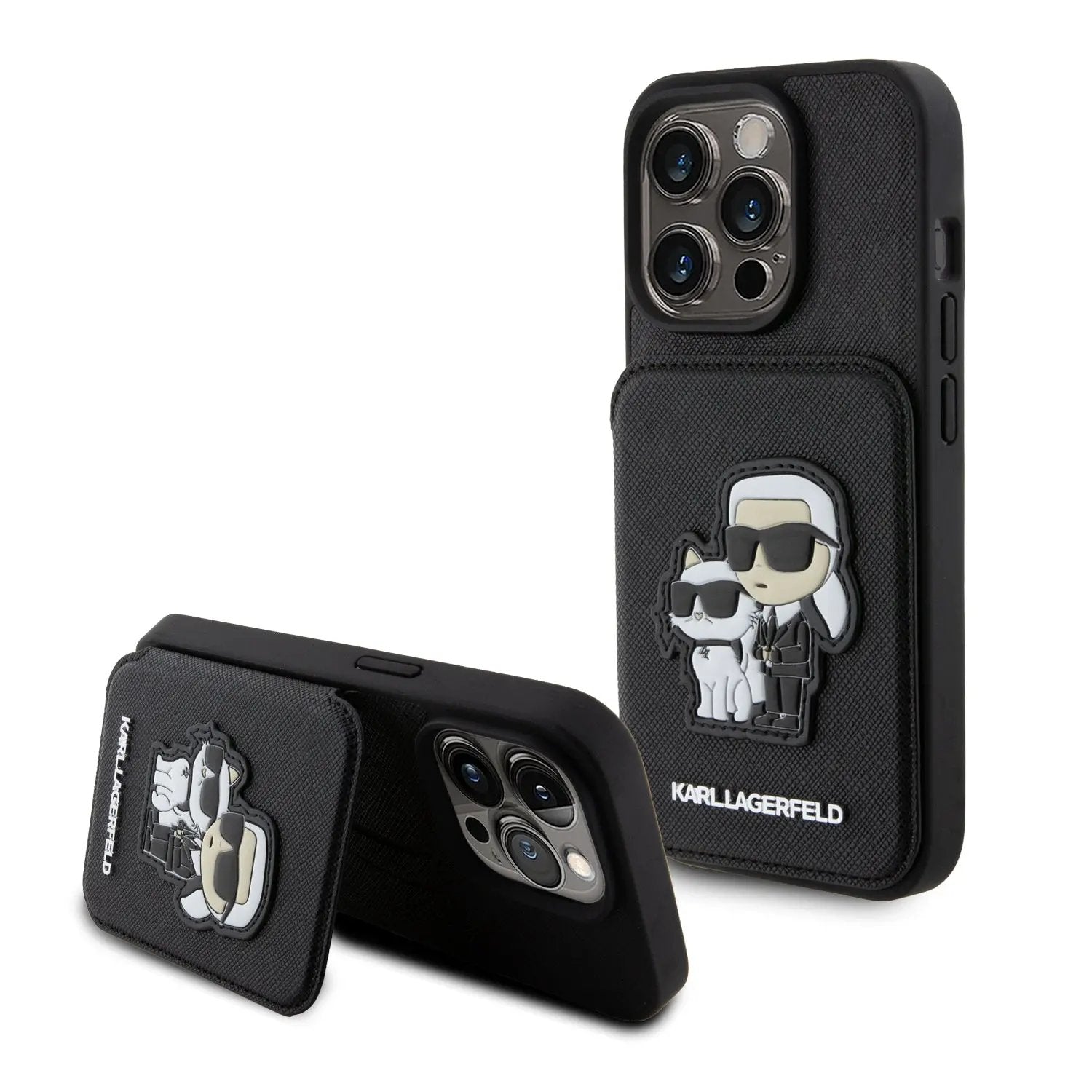 Karl Lagerfeld Karl+Choupette Saffiano Cardslots & Stand Case Θήκη προστασίας από δερματίνη με υποδοχή για κάρτες και stand– iPhone 15 Pro (Black – KLHCP15LSAKCSCK) – PhoneBazaar