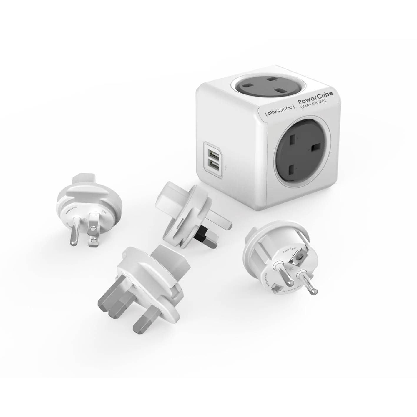 Allocacoc® PowerCube |ReWirable| Πολύπριζο 5 θέσεων UK & 4x plugs Γκρι - 1850GY/UKRU4P