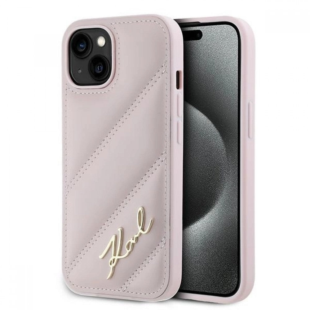 Karl Lagerfeld Diagonal Quilted Script Θήκη για iPhone 15 - Ρόζ
