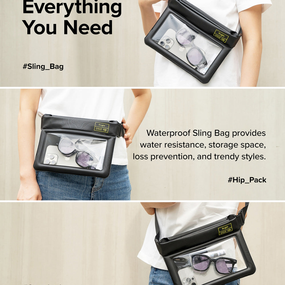 Ringke - Waterproof Sling Bag - with Strap, IPX8, 240x180mm - Black