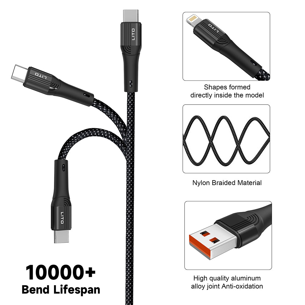 Lito - Data Cable (LD14) - USB to Type-C Fast Charging 60W, 480Mbps, Nylon, 1m - Black
