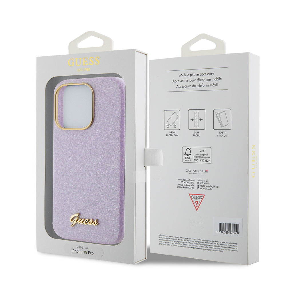 Guess Glitter Full Wrapped Glossy Case with Vintage Script Logo Θήκη προστασίας από σιλικόνη – iPhone 15 Pro (Glitter Lilac –  GUHCP15LPGMCSL)
