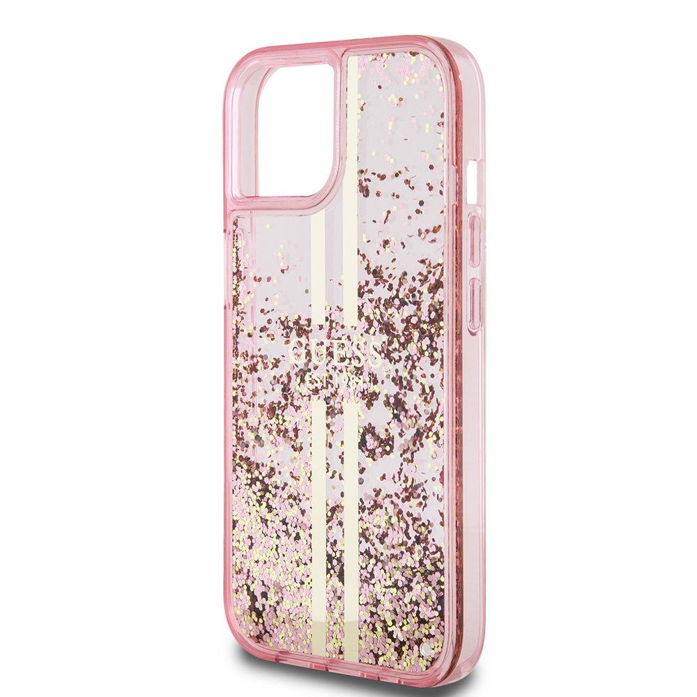 Guess “Liquid Glitter Gold Stripes" Ημιδιάφανη Θήκη προστασίας από σιλικόνη – iPhone 15 Plus (Ροζ – GUHCP15MLFCSEGP)