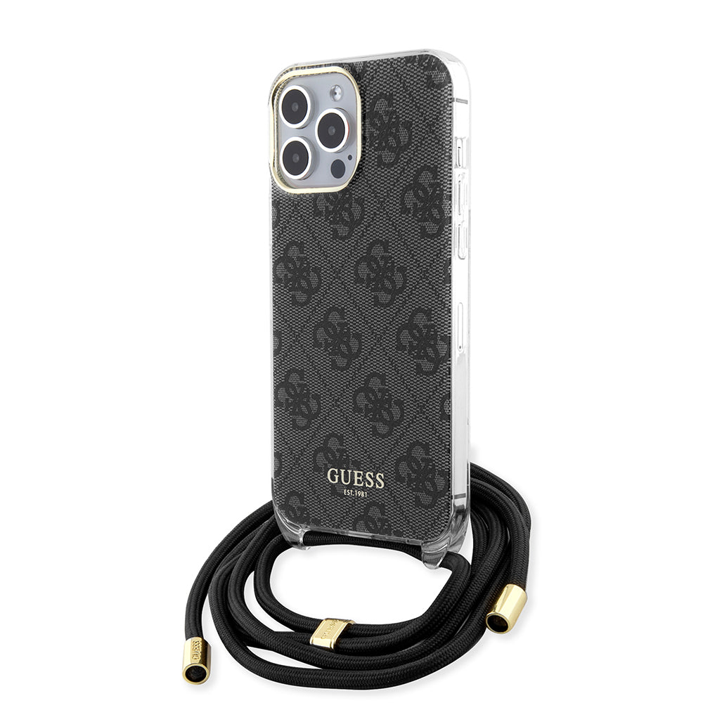 Guess "4G Logo Collection" Crossbody Hard Case Script Metal Logo Θήκη προστασίας από σιλικόνη με λουράκι – iPhone 15 Pro Max (Μαύρο – GUHCP15XHC4SEK)