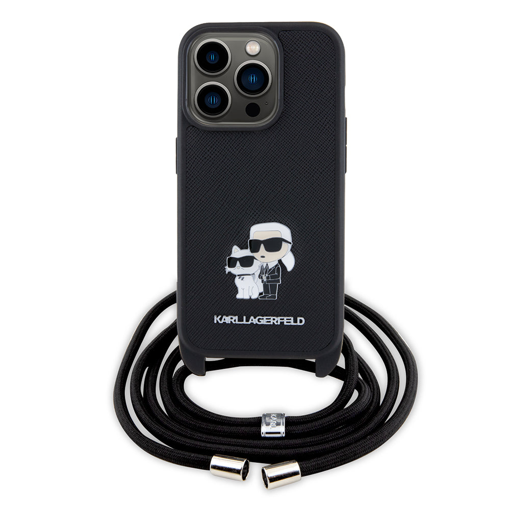 Karl Lagerfeld Crossbody K+C Metal Pin Saffiano Hard Case Θήκη προστασίας από δερματίνη με λουράκι – iPhone 15 Pro (Μαύρο – KLHCP15LSAKCPSK)