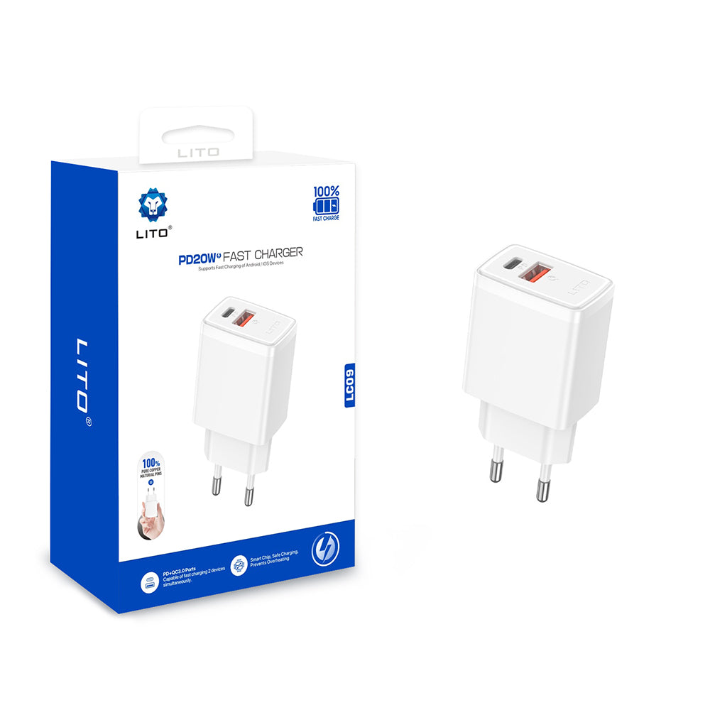 Lito - Wall Charger (LC09) - Type-C, USB, PD20W, QC3.0, Fast Charge, PC Fireproof, 5V/3A - White