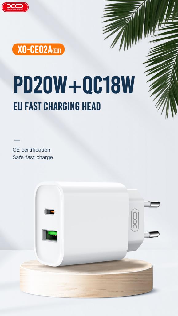XO CE02A Φορτιστής Τοίχου 20W με Power Delivery & Quick Charge 3.0 – 2 Θύρες (USB-A & USB-C) + Καλώδιο USB-C σε USB-C
