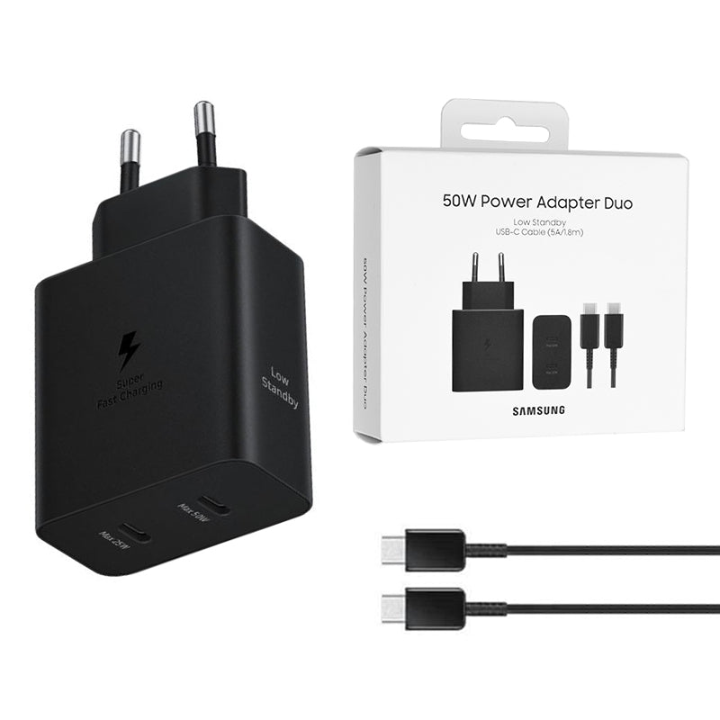 Samsung - Original Wall Charger T5020XBE (EP-T5020XBEGEU) - Type-C Cable Included, 2x Type-C, 50W - Black (Blister Packing)