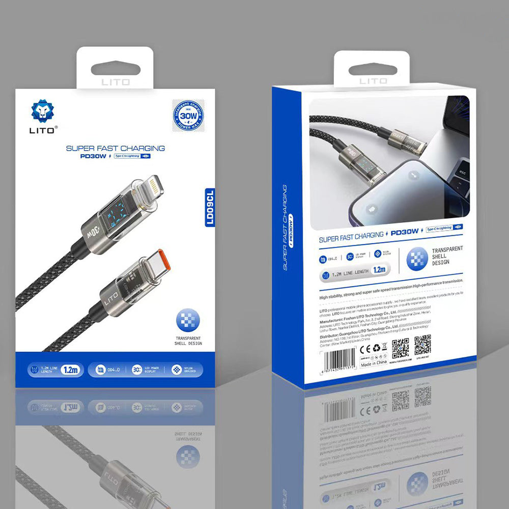 Lito - Data Cable (LD09CL) - Lightning to Type-C, 36W High Speed Charging, LED Display, 1.2m - Black