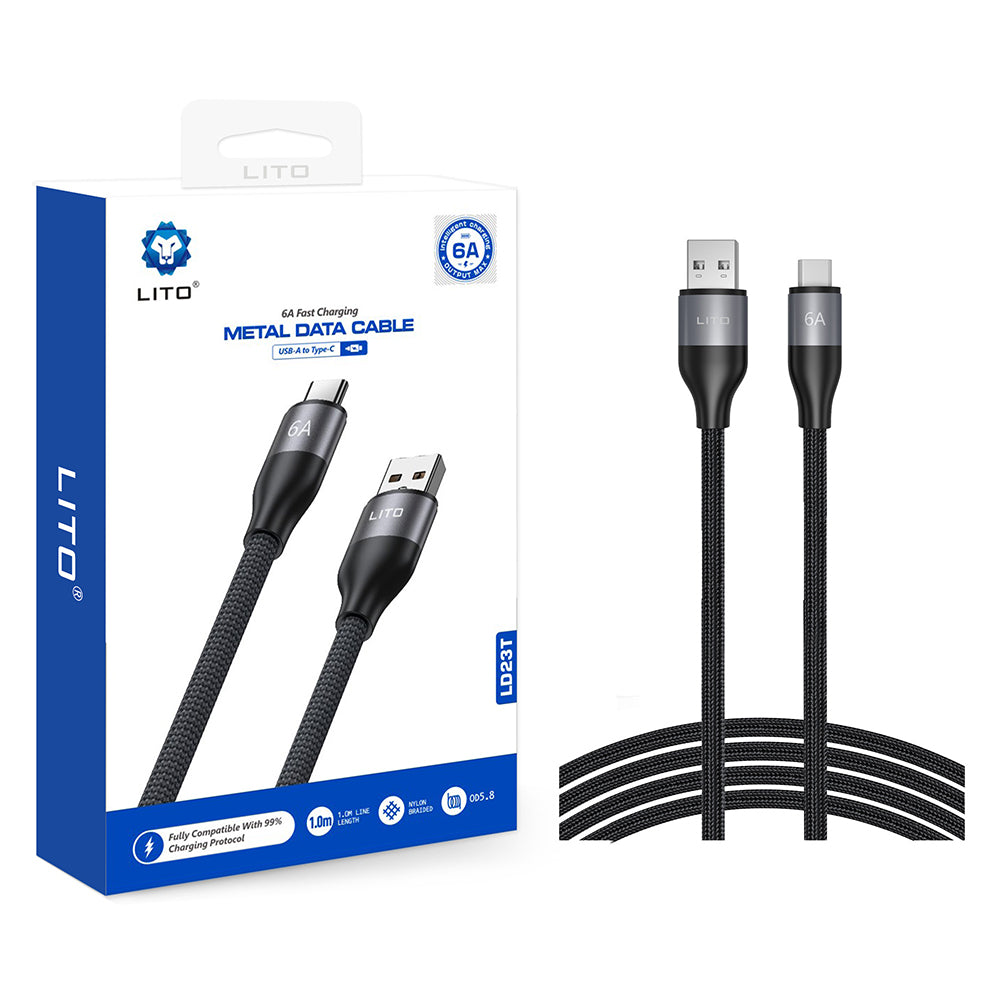 Lito - Data Cable (LD23T) - USB to Type-C, Fast Charging, Braided Nylon, 6A, 480Mbps, 1m - Grey