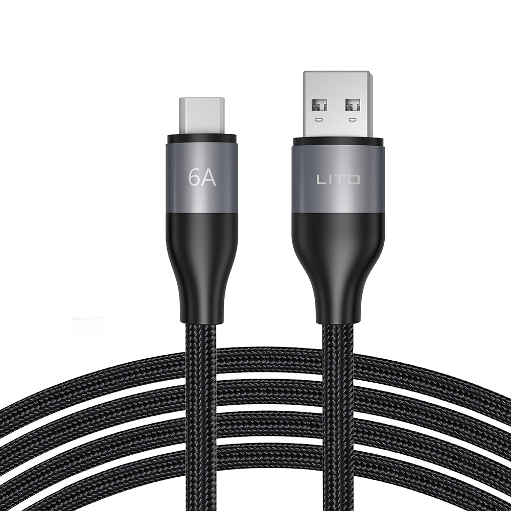 Lito - Data Cable (LD23T) - USB to Type-C, Fast Charging, Braided Nylon, 6A, 480Mbps, 1m - Grey