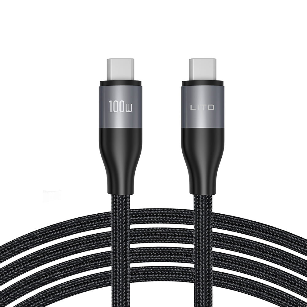 Lito - Data Cable (LD25CC) - Type-C to Type-C, Fast Charging, Braided Nylon, 100W, 480Mbps, 2m - Grey
