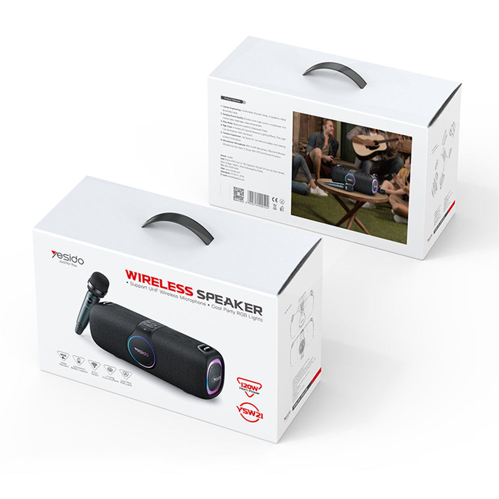 Yesido - Wireless Speaker (YSW21) - with UHF Microphone, Bluetooth 5.0, RGB Lights, IPX6, TF, AUX, 5200mAh, 120W - Black