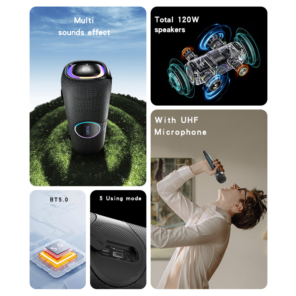 Yesido - Wireless Speaker (YSW21) - with UHF Microphone, Bluetooth 5.0, RGB Lights, IPX6, TF, AUX, 5200mAh, 120W - Black